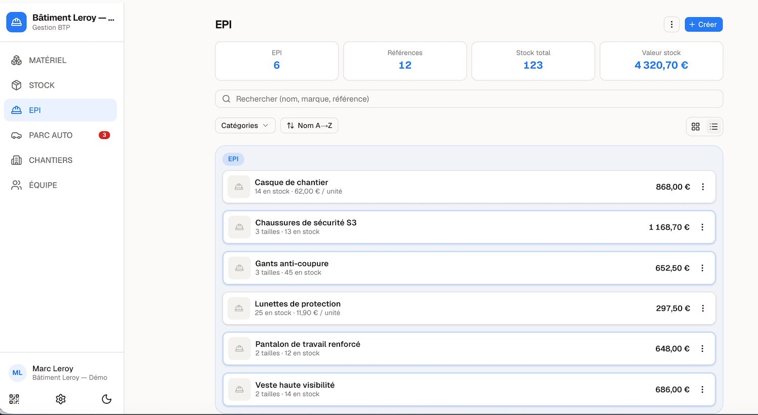 L'application Zaiko affichant le stock d'EPI par référence, avec les tailles, les quantités et la valeur du stock