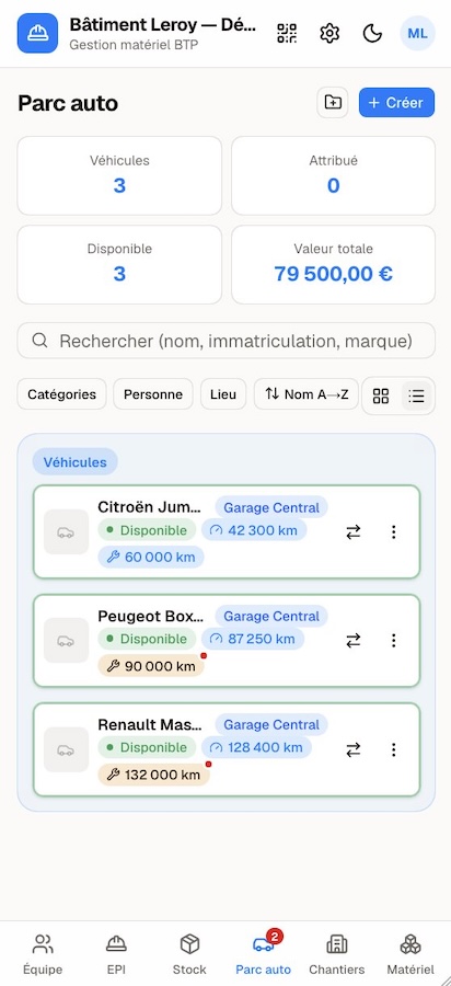 Zaiko sur mobile : le même parc auto, consultable d'une main sur le chantier